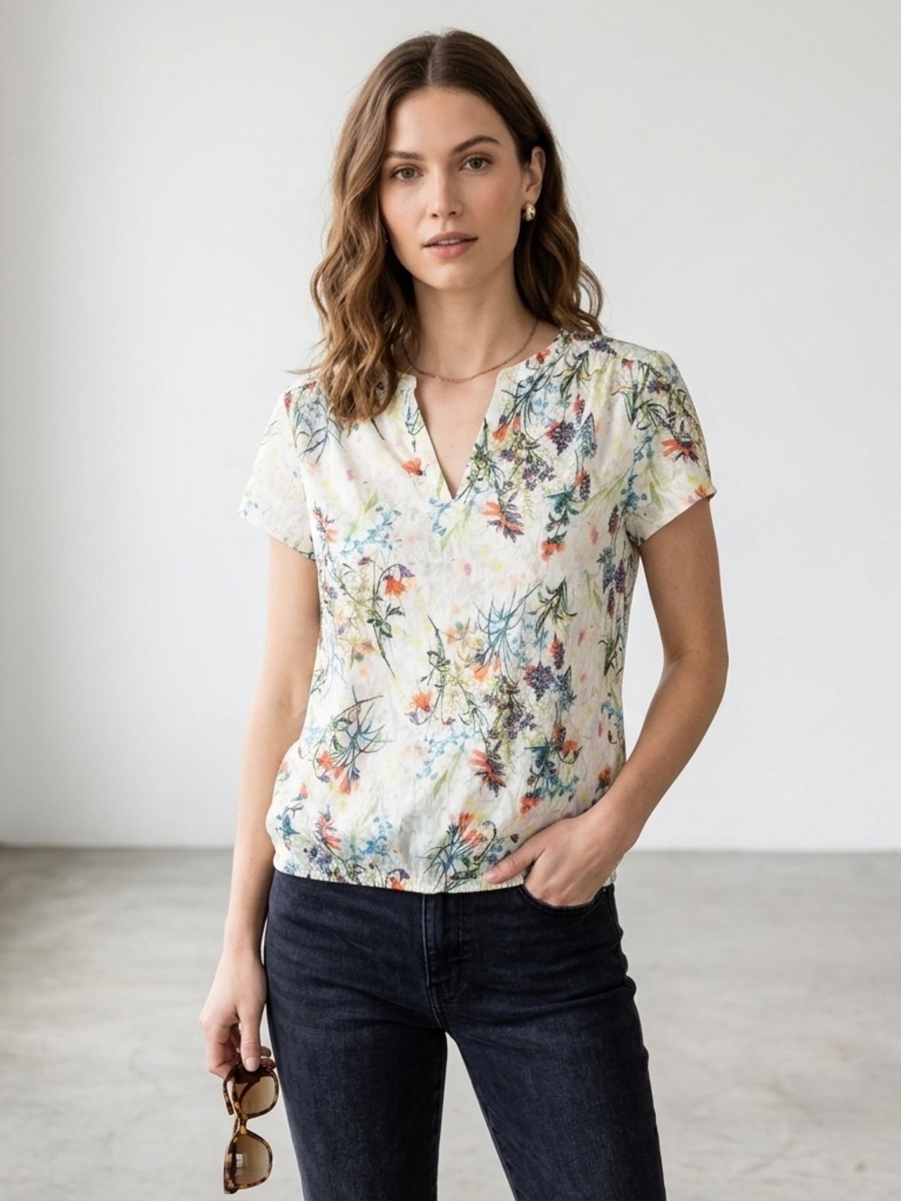 Philosophy Tops Shell V-Neck Cap Sleeve Floral Blouse Multicolor, Women’s Sz S